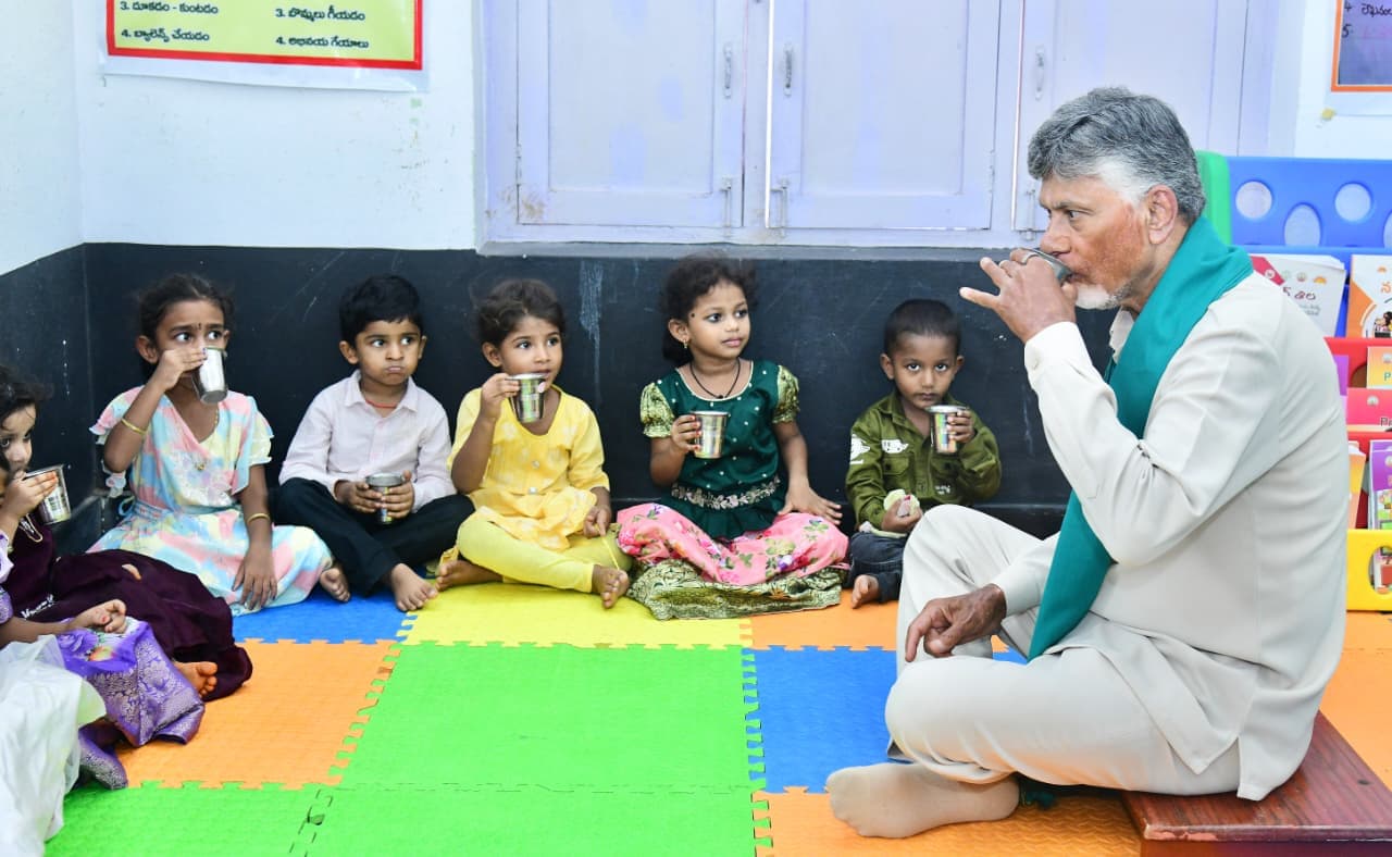Chandrababu Naidu Sits with Anganwadi Children, Shares Ragi Malt