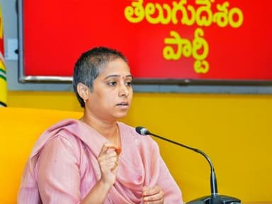Guntur West MLA Galla Madhavi addresses the media at the TDP Central Office in Mangalagiri.