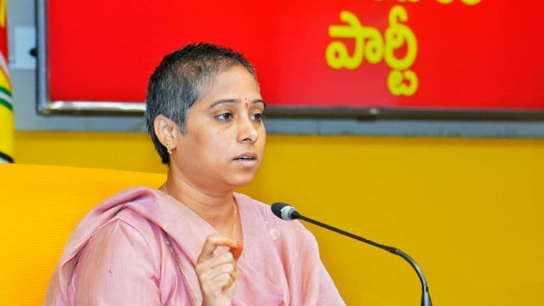 Guntur West MLA Galla Madhavi addresses the media at the TDP Central Office in Mangalagiri.