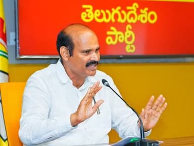 Housing and Information & Public Relations Minister Kolusu Partha Sarathy addresses a press conference at NTR Bhavan in Mangalagiri on Monday.