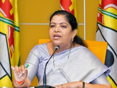 Minister Gummadi Sandhya Rani addresses the media at the TDP Central Office in Mangalagiri on Monday.