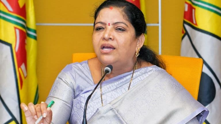Minister Gummadi Sandhya Rani addresses the media at the TDP Central Office in Mangalagiri on Monday.