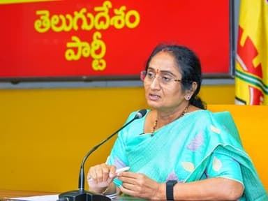 Minister S. Savitha addressing a press conference at the TDP Central Office, NTR Bhavan, Mangalagiri.