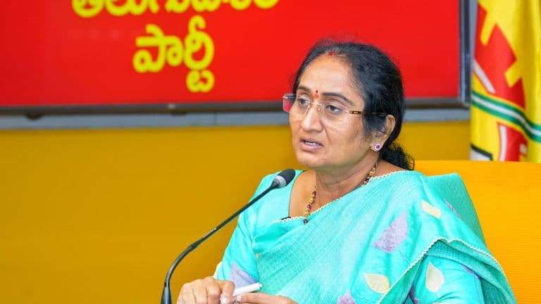 Minister S. Savitha addressing a press conference at the TDP Central Office, NTR Bhavan, Mangalagiri.