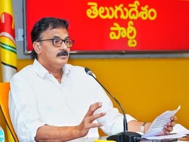 Neelayapalem Vijay Kumar addresses a press conference on investment-related allegations at the TDP Central Office in Mangalagiri.