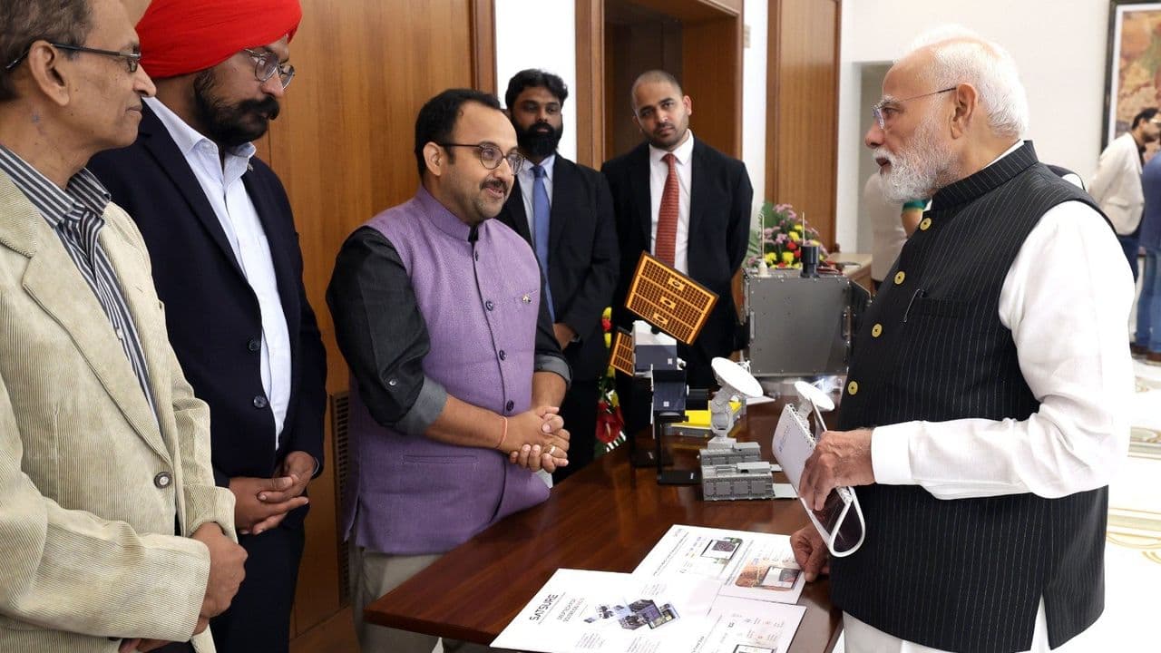 Prime Minister Narendra Modi interacts with CEOs and founders of Indian space startups at Seva Teerth.