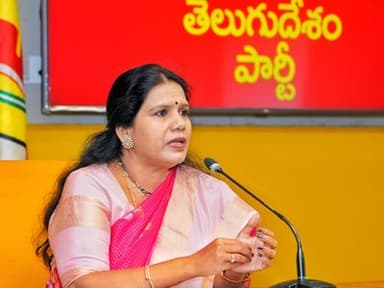 Peethala Sujatha addresses the media at the TDP Central Office in Mangalagiri on allegations involving former minister Jogi Ramesh's family.