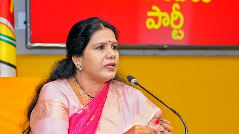 Peethala Sujatha addresses the media at the TDP Central Office in Mangalagiri on allegations involving former minister Jogi Ramesh's family.