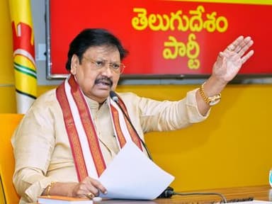 TDP MLC Varla Ramaiah addresses the media at the TDP Central Office in Mangalagiri.