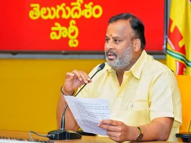 Transport Minister Mandipalli Ramprasad Reddy addresses the media at the TDP Central Office in Mangalagiri