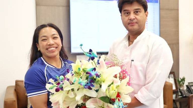 Union Minister Jyotiraditya Scindia meets Commonwealth Games gold medallist Mirabai Chanu to discuss athlete development and sports infrastructure in the Northeast.