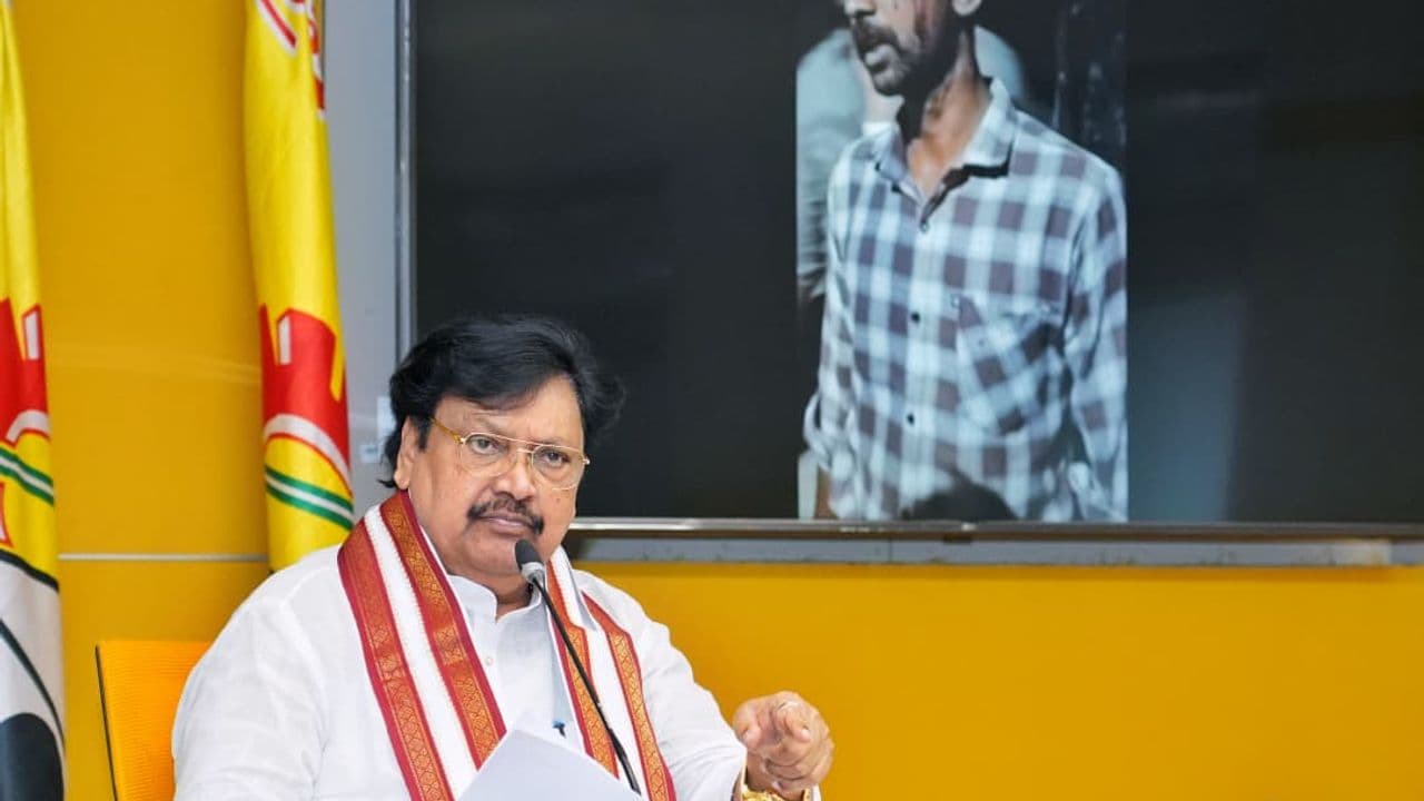 Varla Ramaiah addressing a press conference at the TDP Central Office, NTR Bhavan, Mangalagiri