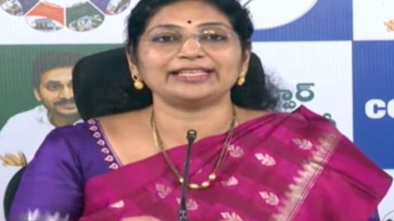 YSRCP MLC Varudu Kalyani addressing a press conference on the Bhogapuram International Airport project.