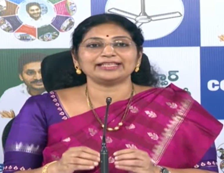 YSRCP MLC Varudu Kalyani addressing a press conference on the Bhogapuram International Airport project.